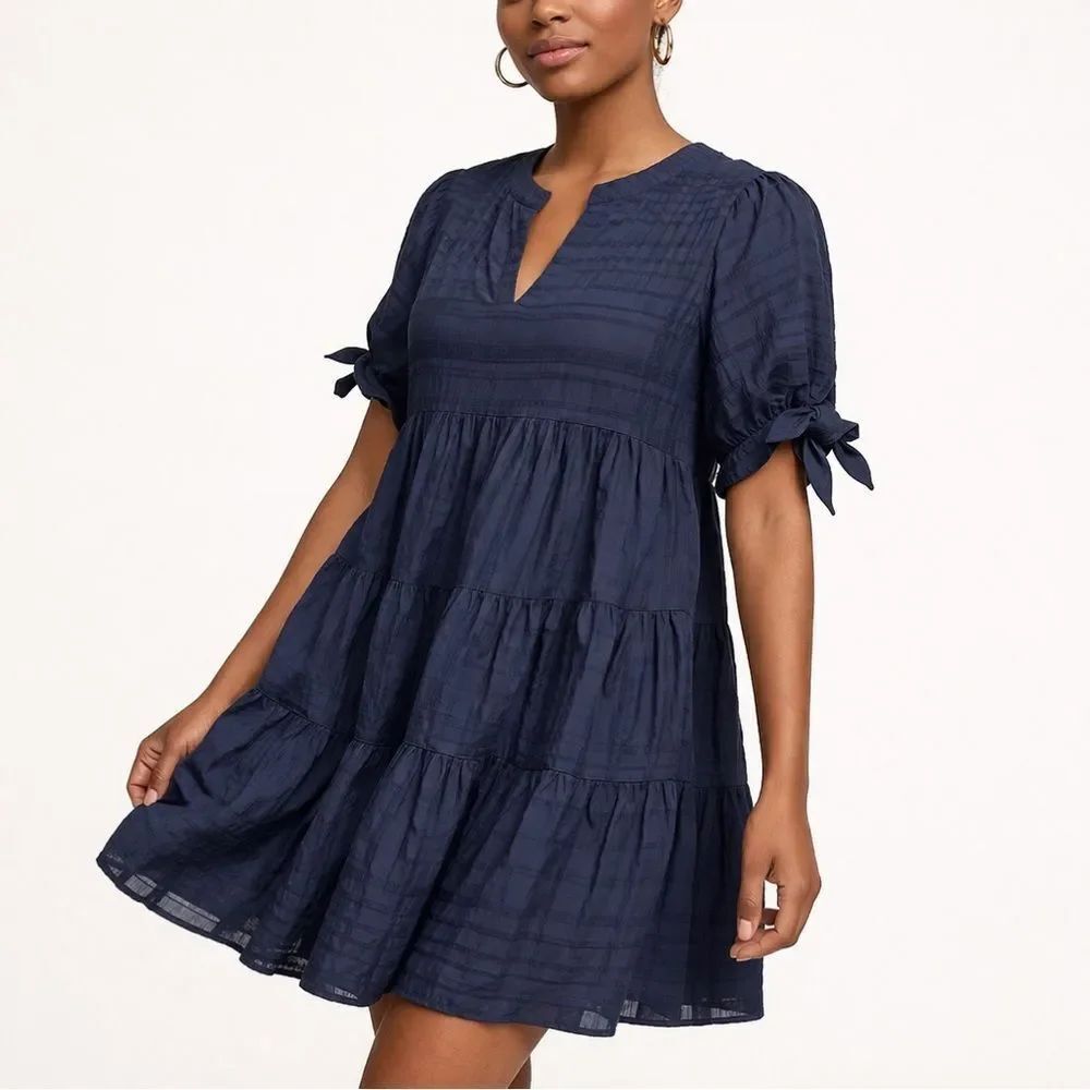 Altar’d State Tiered Navy Short Puff Sleeve Babydoll Dress